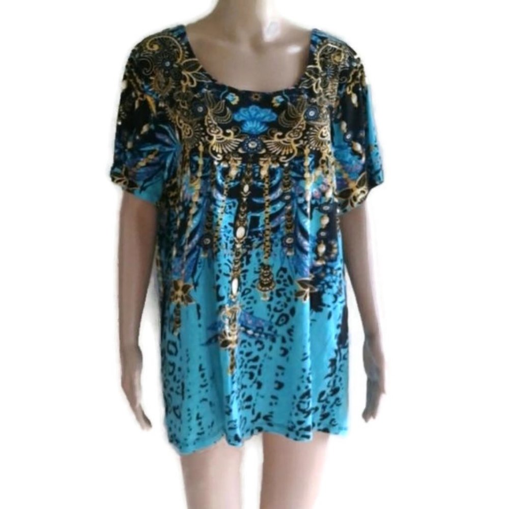 Teal gold leopard print blouse 2x